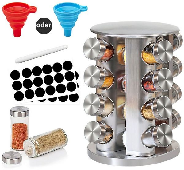 HEYHIPPO Gewürzkarussell 360° drehbares Gewürzregal, Küchengewürzregal mit 16 Gewürzgläsern, (Gewürzflasche aus Glas mit Trichter und Aufkleber,wasserdicht rostfrei, 17-tlg), Gewürzregal Turm aus Edelstahl, rund, Tischgewürzregal 18,5 x 28 cm