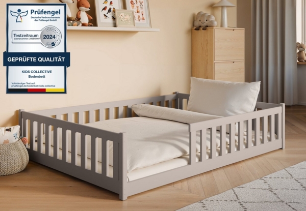 Kids Collective Kinderbett Bodenbett Bett mit Rausfallschutz & Lattenrost Montessori Bett Kinder (weitere Größen 80x160, 80x180, 90x190, 90x200, 120x200 cm), Jugendbett Einzelbett optional mit Matratze Kaschmir Kiefer 140x200 cm