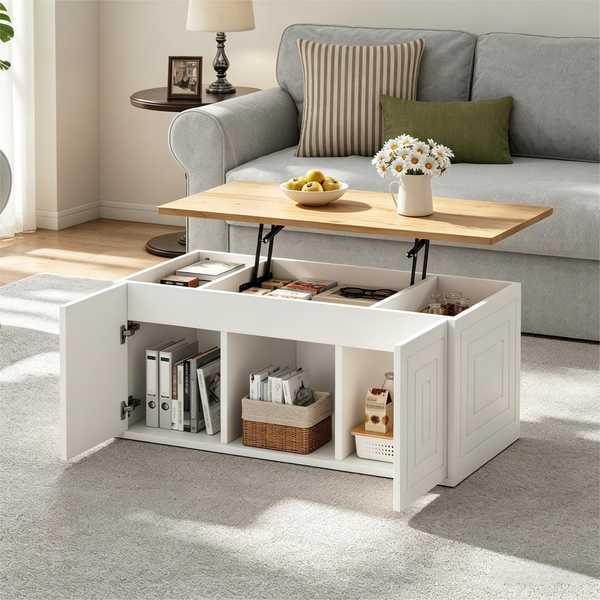 Merax Couchtisch, 46 x 95 x 45 cm, höhenverstellbar bis maximal ca. 59 cm, mit zwei Schranktüren und einem klaren, Sofatisch, Schreibtisch