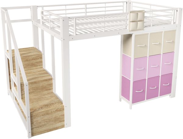 Hochbett, 140×200 cm, Metall, mit Schubladen, Kleiderstange, Geländer, Treppe mit Stauraum, ohne Matratze,Weiß Bild 10