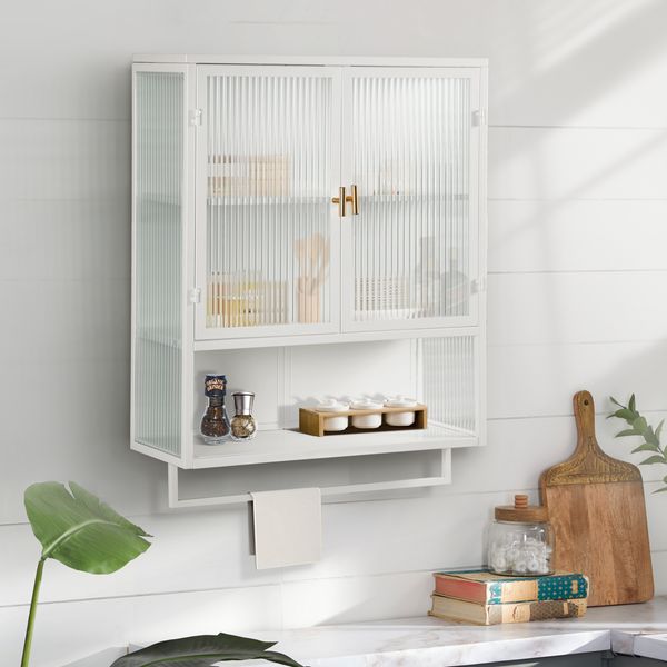Hängeschrank 60 x 23 x 78 cm aus Metall und Glas, 2 Türen, offenes Fach & Handtuchhalter, Weiß