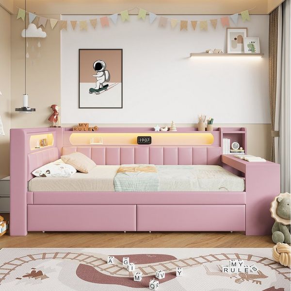 Merax Daybett Schlafsofa mit LED und USB (Kinderbett Jugendbett Sofabett aus Leinen, 1 tlg), Holz Tagesbett 90x200cm mit 2 Schubladen, Ablagefach und Schreibtisch