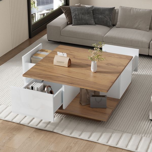 Couchtisch B 70 x T 70 x H 31,5 cm mit 3 Schubladen, halboffenem Fach und Hochglanz in Weiß-Holzoptik