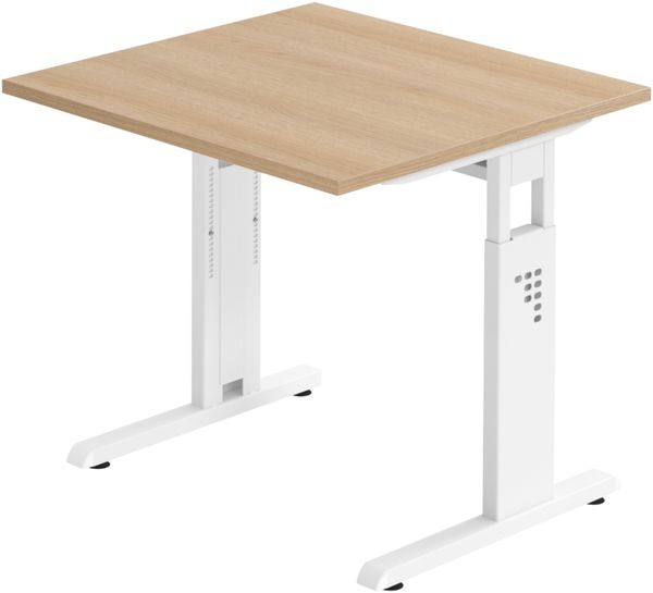bümö höhenverstellbarer Schreibtisch O-Serie 80x80 cm in Eiche, Gestell in weiß - PC Tisch klein für's Büro manuell höhenverstellbar, Computertisch verstellbar, OS-08-E-W