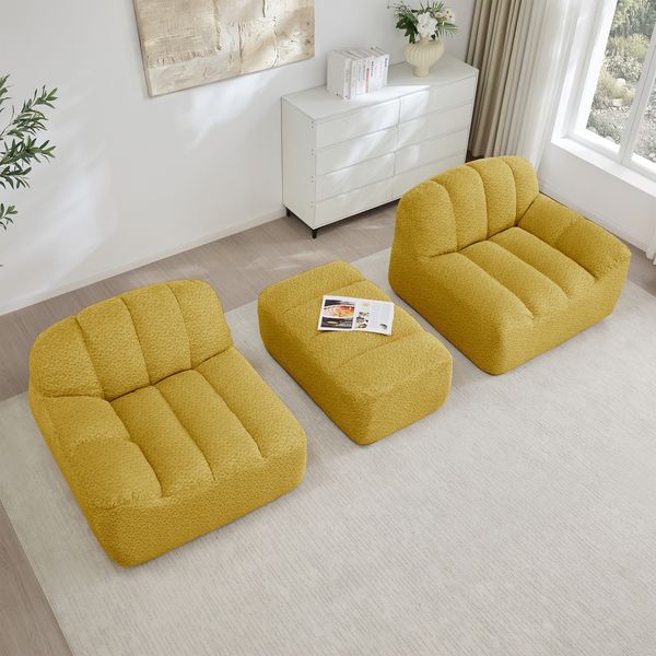 Ecksofa in Gelb, modulares 2-Sitzer-Sofa mit Ottoman, granuliertem Fleece und breiter Sitzfläche,79 x 210 x 165 cm