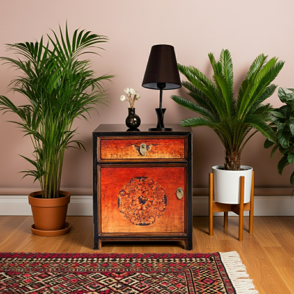 Nachttisch Vintage Orange Schwarz Kommode Kästchen chinesisch Asien Kolonial-Stil Antik-Stil Lowboard orientalisch Fernost shabby-chic Landhaus
