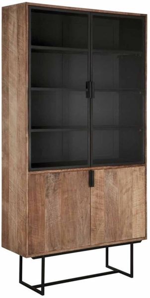 Vitrinenschrank Odeon, Teak und Metall, Industrial Design, naturfarben, 4 Klapptüren