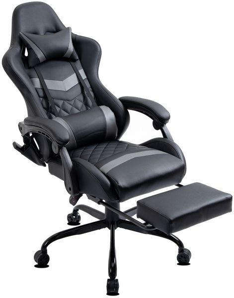 Delman Gaming-Stuhl, Bürostuhl, ergonomischer Chefsessel mit 6-Punkt-Massagefunktion, Fußstütze und Metallfußkreuz, Kunstleder, Grau Bild 4