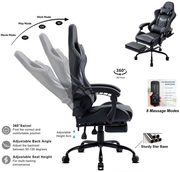 Delman Gaming-Stuhl, Bürostuhl, ergonomischer Chefsessel mit 6-Punkt-Massagefunktion, Fußstütze und Metallfußkreuz, Kunstleder, Grau Bild 2