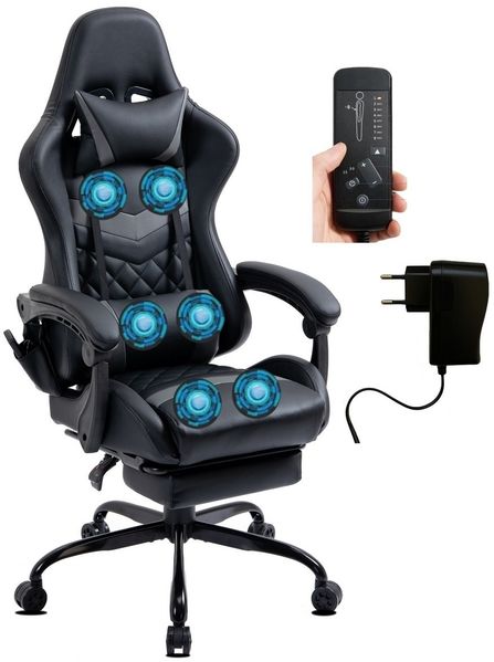 Delman Gaming-Stuhl, Bürostuhl, ergonomischer Chefsessel mit 6-Punkt-Massagefunktion, Fußstütze und Metallfußkreuz, Kunstleder, Grau