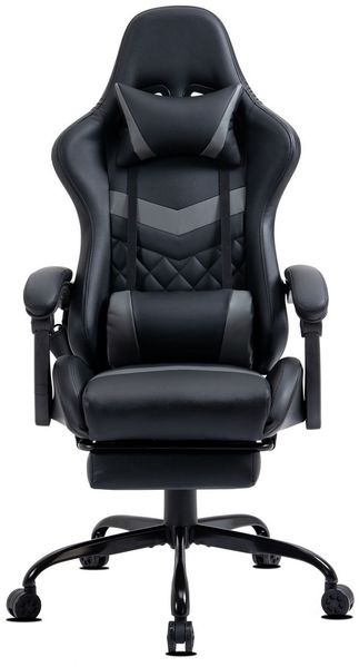 Delman Gaming-Stuhl, Bürostuhl, ergonomischer Chefsessel mit 6-Punkt-Massagefunktion, Fußstütze und Metallfußkreuz, Kunstleder, Grau Bild 5