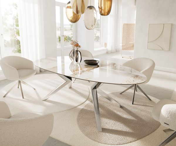 Esstisch Edge Oval 220x120 Keramik Minas Melange Weiß-Beige Zenthara kantig Edelstahl