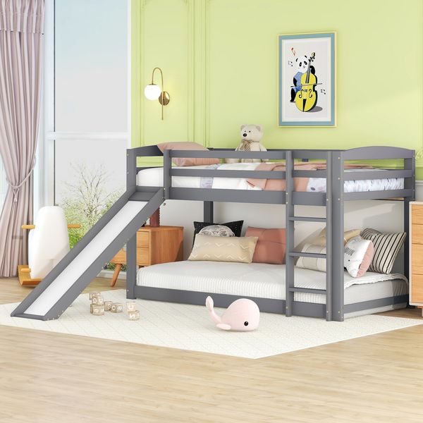 Etagenbett fr Kinder und Jugendliche, Kinderbett mit Rutsche, Massivholzrahmen, einfache Montage, 90x200cm, Grau