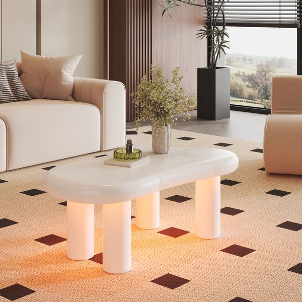 Couchtisch 98x65,5x40 cm, weiß modernes wolkenförmiges Design mit Schublade & LED-Beleuchtung