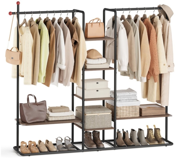SONGMICS HOME Garderobenständer, offener Kleiderschrank, Kleiderständer, 6 Ablagen, 2 Kleiderstangen, Haken in Streichholz-Form, für Schlafzimmer