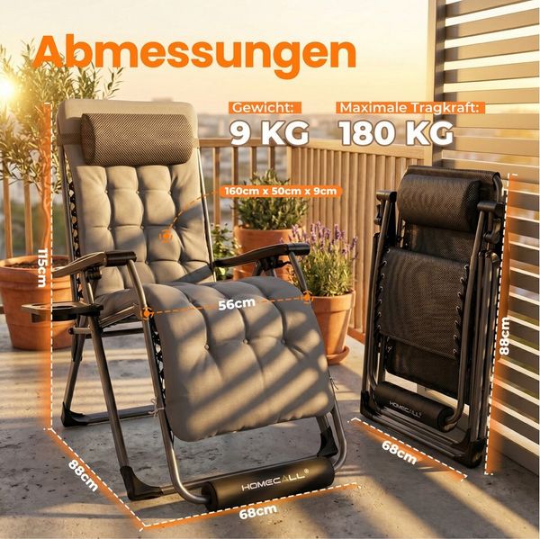 HOMECALL Gartenliege Sonnenliege Klappbar, Liegestuhl mit Weiches Kissen, XXL Extra breiter Zero Gravity Stuhl, 1 St, bis 180 KG, für Garten Terrasse Balkon