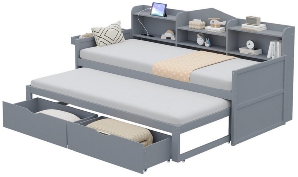 OKWISH Kinderbett Einzelbett Daybett Tagesbett Schlafsofa mit Ausziehbett 90x190 cm (zwei Schubladen, großem Staufach und Ablagekorb sowie USB-Steckdose, 90 x 200 cm), ohne Matratze