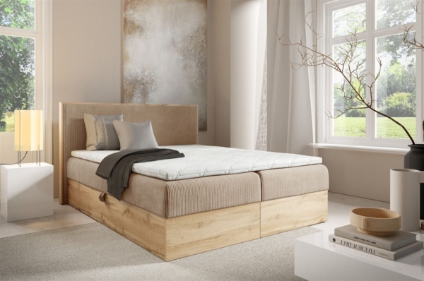 Boxspringbett Schlafzimmerbett ROLAND 200x200cm in Stoff Lincoln Hellbraun