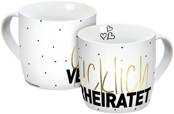 Geda Labels GmbH Tasse Glücklich verheiratet Echtgold, 1-tlg, Porzellan, Weiß, 300 ml, nicht spülmaschinen- oder mikrowellengeeignet