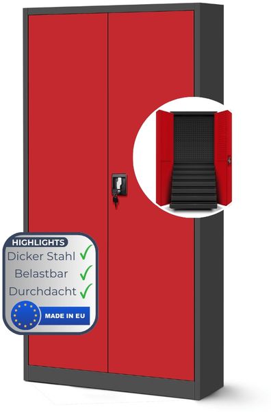 Werkzeugschrank mit Schubladen TOM - inkl. Lochwand | Metallschrank mit Werkzeugwand Werkstattschrank Perforierte Rückwand, 185x92x50cm Anthrazit-Rot
