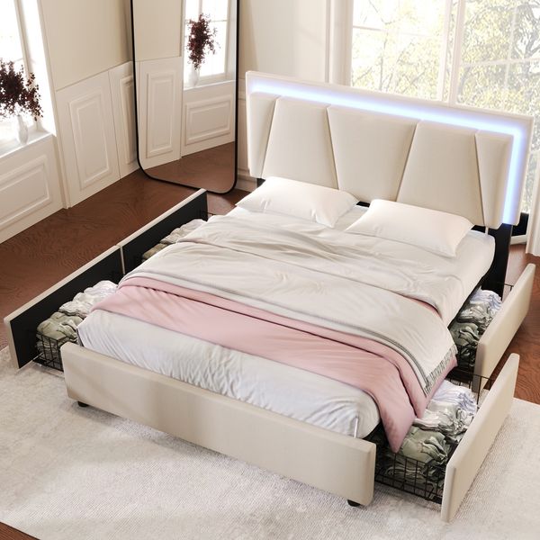 Merax Polsterbett, Doppelbett, 160x200 cm mit LED-Beleuchtung und 4 Schubladen, Höhenverstellbarem Kopfteil, Stauraumbetten Bettgestell, Lattenrost aus Holz, Beige
