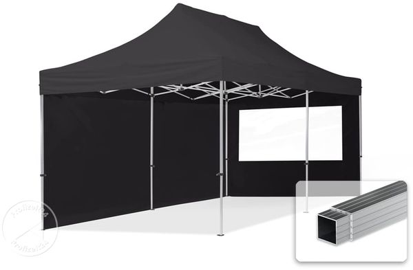 3x6 m Faltpavillon, ECONOMY Alu 32mm, Seitenteile mit Panoramafenstern, schwarz