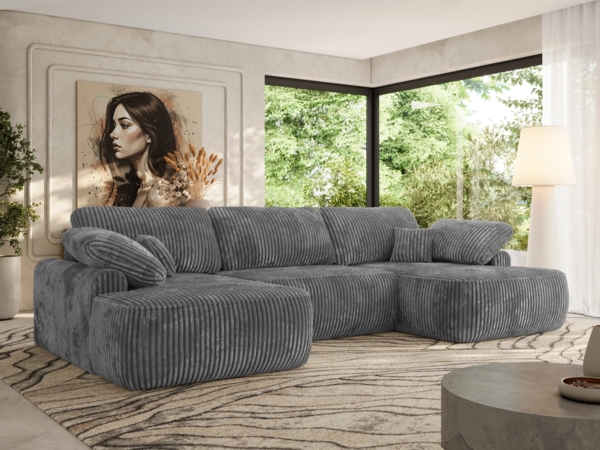 U-förmige Ecke, Ecksofa mit schlaffunktion und bettkasten, lose kissen, Wellenfeder, Big sofa XXL - CUBO U - Dunkelgrau Cord