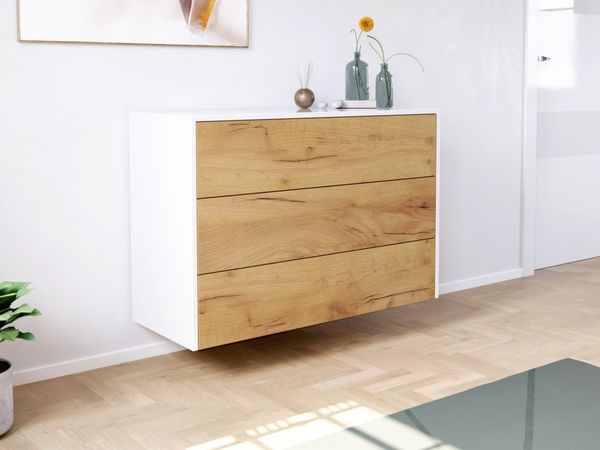 Sideboard Kommode Hero B hängend 100cm 3 Pushauszüge Weiß Hgl Eiche : Weiss hochglanz / Eiche Gold