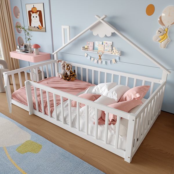 Kinderbett Hausbett aus Kiefernholz mit Geländer, 90x190 cm, Weiß, ohne Matratze