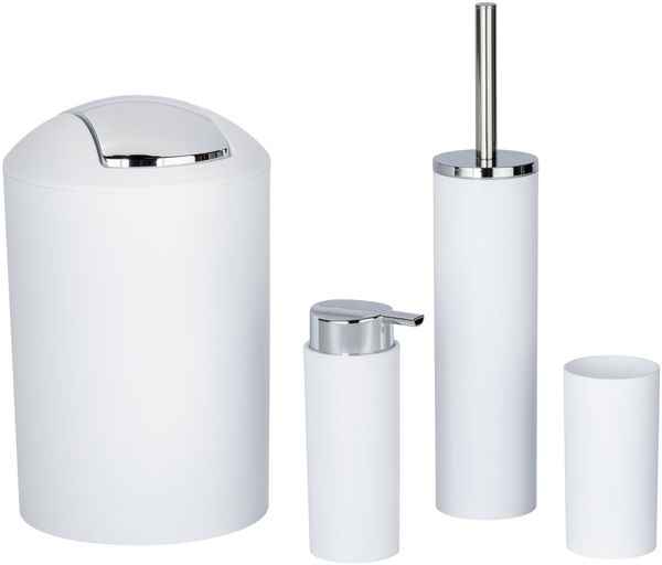 WENKO CALVO Accessoire Set, Weiß, Zahnputzbecher, Seifenspender, WC-Garnitur, Kosmetikeimer