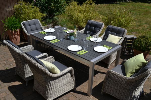 Gartenmöbel Sitzgruppe Miami 200x100cm mit 6 Sessel Como grau