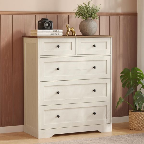 VASAGLE Kommode mit 5 Schubladen, Aufbewahrungsschrank aus Holzspanplatte und MDF, 80 x 40 x 93,6 cm, Weiß, Landhausstil, für Schlafzimmer, Flur, Siren Kollektion LTS643WJ01