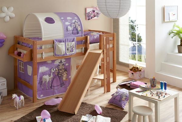 Hochbett mit Rutsche "Tino" 90x200 Buche massiv Natur
