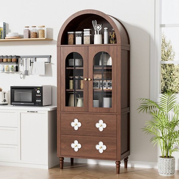 Meulbaty Vorratsschrank 71 Zoll breiter, gewölbter Vorratsschrank, Retro-Küchenschrank (1-St) mit Glastüren und Holzoberfläche, braun