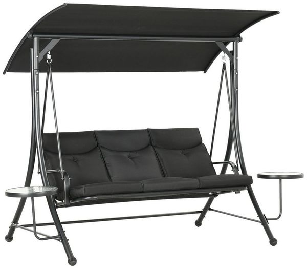 MC Star Hollywoodschaukel mit Couchtische, 3-Sitzer Gartenschaukel mit verstellbarem Sonnendach, Schaukelbank belast bis 300kg, für Garten, Terrasse, 271 x 125 x 177 cm, Schwarz