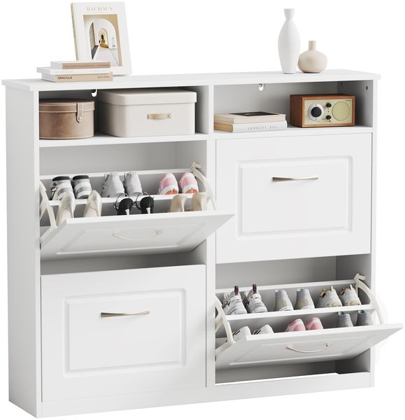 Sweetcrispy Schuhschrank mit 4 Klappen, schmaler Schuhkipper mit offenen Ablagefächern, verstellbare Trennwände, platzsparend für Flur/Diele/Eingang, 104 x 90 x 24 cm, Weiß