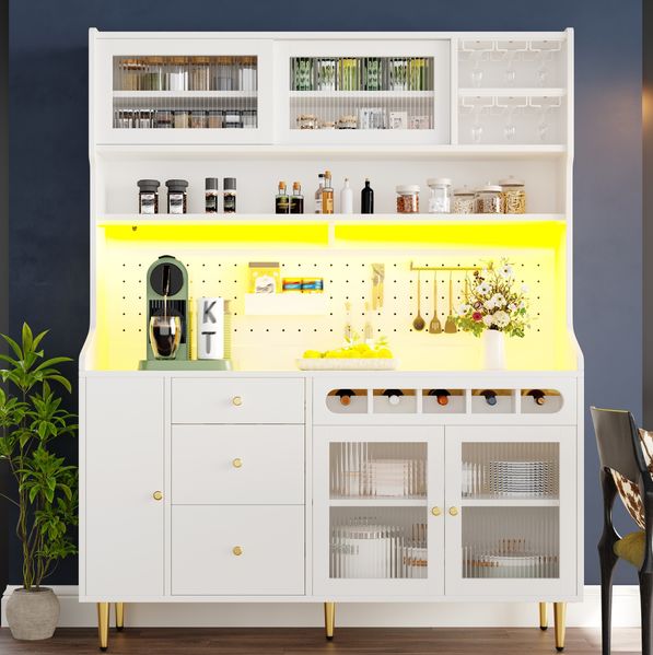 Hochschrank mit LED-Beleuchtung & Weinregal, 145 x 39 x 171 cm, Weiß