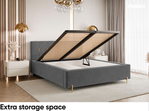 MEBLINI Polsterbett 180x200 mit Lattenrost mit Matratze – FABIO – Dunkelgrau Samt – Doppelbett mit Bettkasten - Stauraumbett - Kopfteil Bett mit Stauraum Bild 6