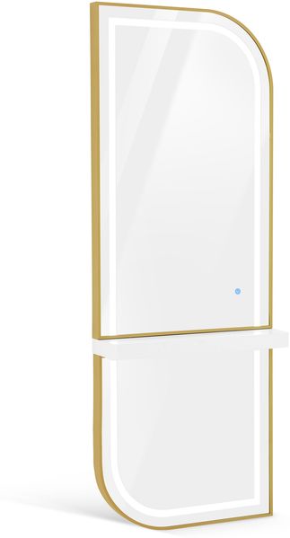 BarberPub Wandspiegel mit Beleuchtung, Ganzkörperspiegel mit Aluminiumrahmen, Großer Spiegel mit Ablage, Touch-Schalter, 3 Lichtfarben Dimmbar, für Friseursalon, J6298 (Weiß-Gold)