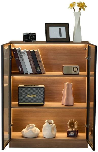 MODFU Vitrine Glasvitrine mit Beleuchtung (Vitrinenschrank, Wohnzimmerschrank, 1-St, mit 3-stufigen Einlegeböden) LED-Beleuchtung aus 16 verschiedenen,Glasschrank aus gehärtetem Glas