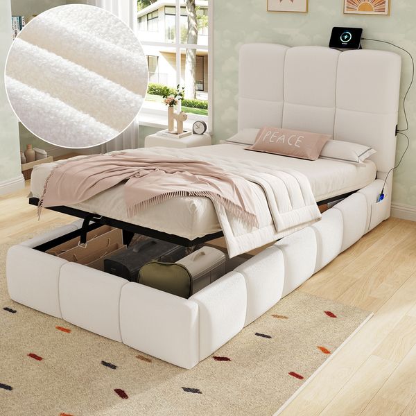 Polsterbett, Einzelbett, Kinderbett 90x200 cm, hydraulisches Funktionsbett, Bett mit Lattenrost, Kopfteil, großem Stauraum und USB-Ladeanschluss, gepolstertes Kopfteil, bouclé, beige