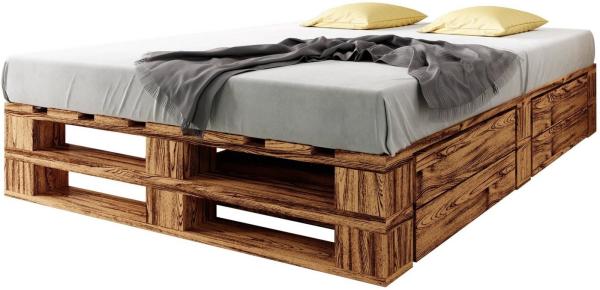 sunnypillow Palettenbett M2 aus Holz 200x200 cm mit Lattenrost und 2 Bettkästen. Doppelbett, Familienbett - erhöhtes Ehebett Bettgestell Futonbett KomforthöheGeflammt Massivholzbett
