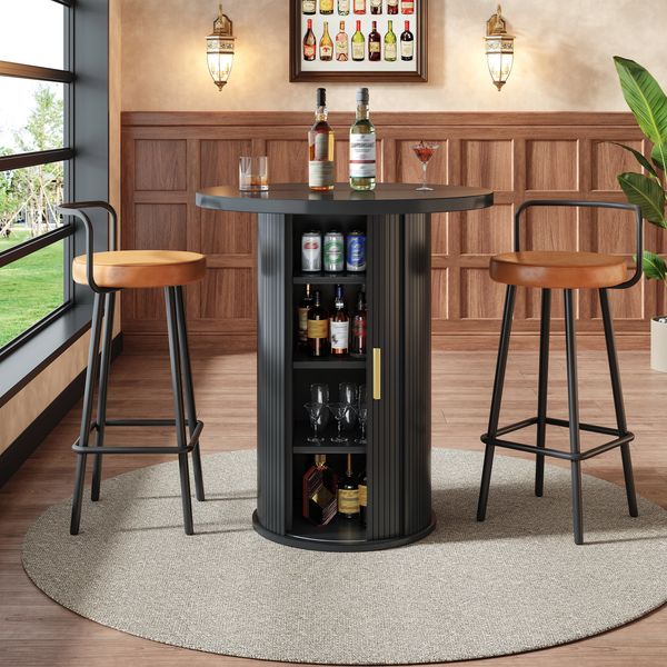 Runder Bartisch mit Stauraum, 91,6cm hoher Stehtisch mit Schrank, MDF Holzoptik, Belastbar bis 75kg, für Bar & Wohnzimmer