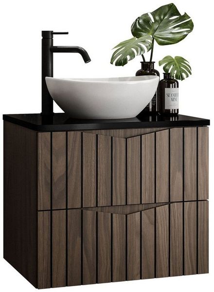 Lookway Badmöbel-Set HIKARI I 60 cm Hängeschrank mit Aufsatzwaschbecken, (Badezimmerschrank mit wählbarem Becken und Armatur), mit Soft-Close-System