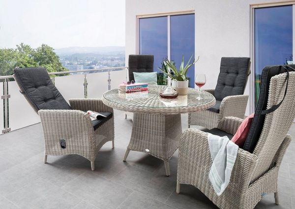 Destiny Garten-Essgruppe PALMA LUNA, (9-tlg, 4x Hochlehner, 1x Tisch, inkl. Auflagen), Aluminium, Polyrattan