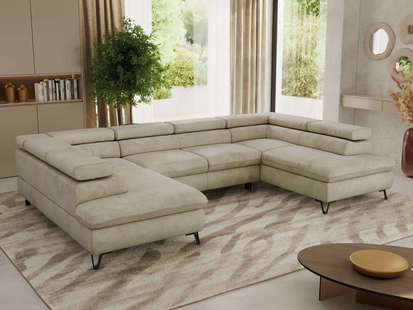 MKS Möbel 'Pablo U-Form' Wohnlandschaft mit Bettkasten, Beige, Samt, T25 Topper