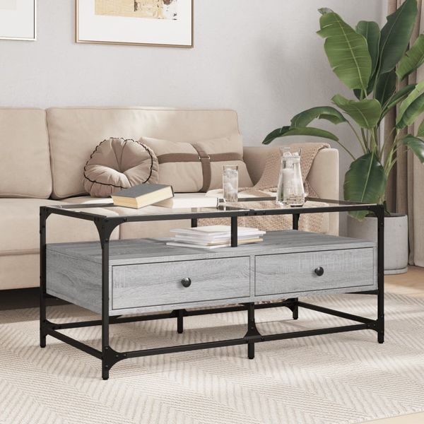vidaXL Couchtisch mit Glasplatte Grau Sonoma 98,5x50x45 cm Stahl 846047