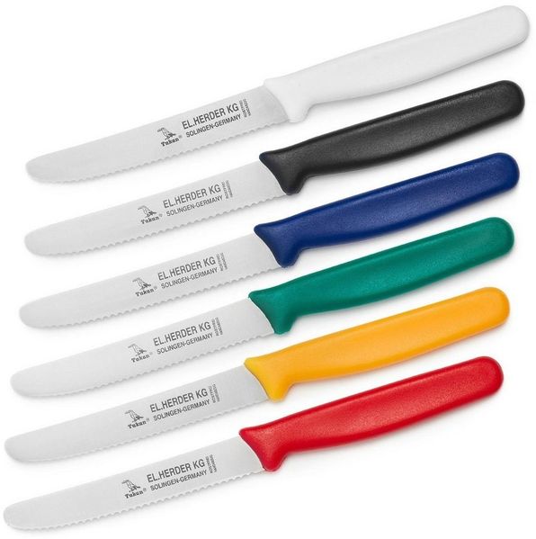 Landshop24 Brötchenmesser Brotmesser Tomatenmesser Tafelmesser 6er Set farbig, Edelstahl (Spezialstahl 1.4116) konisch geschliffen
