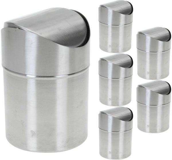 Koopman Tischrestebehälter 6 x Mülleimer Abfalleimer 1,5 L Tischmülleimer Edelstahl, 6 er Set, 12,5 x 16 cm, Deckel abnehmbar, Schwingdeckel