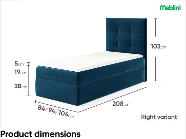 MEBLINI Kinderbett mit Bettkasten MINO 2 80x200 Rechts – H3/Blau Samt Gepolstert Einzelbett mit Matratze - Polsterbett mit Stauraum - Bett mit Kopfteil – Stauraumbett Bild 6